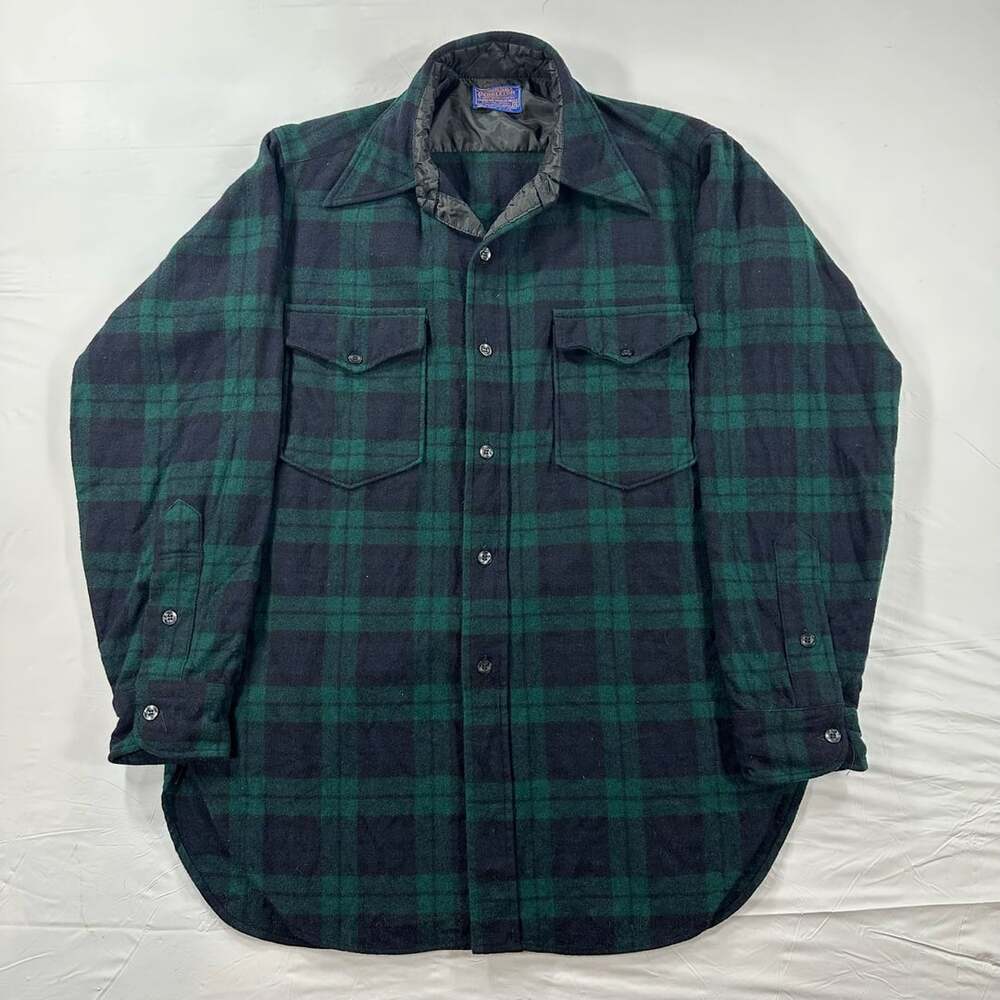Vintage 60s/70s Pendleton Board Shirt Flannel Green Plaid Made in USA S/M 15